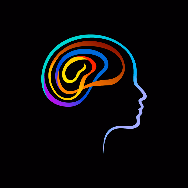 graphisme d'un cerveau et visage d'enfant avec un trait multicolor